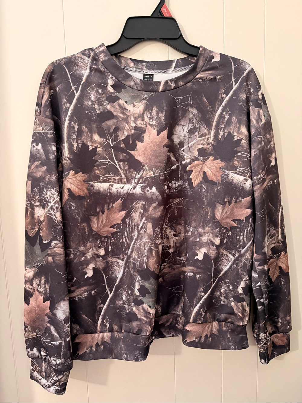 SHEIN Women's Crewneck Sweater - Brown Camo Leaf Print